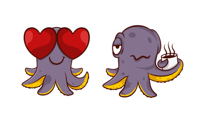 Sticker - Funny Purple Octopus Character with Tentacles Feeling Love and Drinking Hot Coffee Vector Set