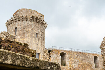 Castle of the Hunaudaye is a medieval fortress, ruins inside, French Brittany. Historical Monument of France