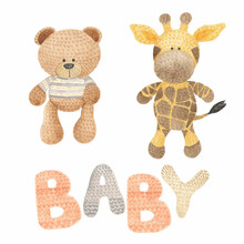 Watercolor Illustration Of Teddy Bear And Giraffe Knitted Toys. Perfect For Printing, Web, Textile Design, Scrapbooking, Souvenir Products.