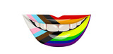 Fototapeta  - Progress Pride flag on the lips. A woman's smile with white teeth. Vector illustration.