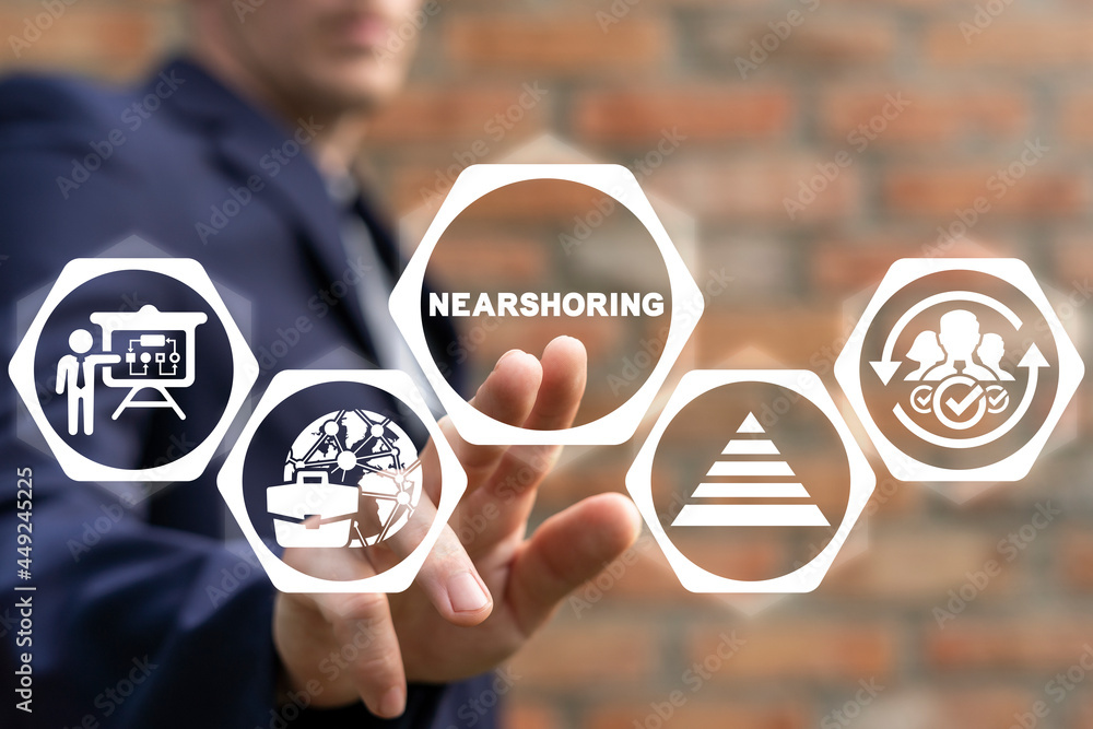 Business concept of nearshoring. Nearshore. Outsourcing of business processes in the company. - obrazy, fototapety, plakaty 