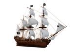 3D illustration of an old wooden pirate sailing ship isolated on a white background.