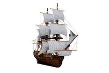 Front Perspective 3D Illustration Of An Old Wooden Pirate Sailing Ship Isolated On A White Background.