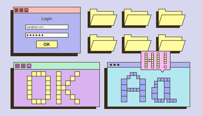 Retrowave UI and UX elements. Window for dialog, download, and logging in with password and login. Folders for files, pixel letters. Flat pop art vector illustration set isolated on colored background