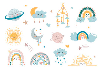 Children decorative elements. Hand drawn boho clipart for nursery decoration with cute rainbows, sun, cloud, dream catcher. Stickers with emotions. Cartoon flat vector collection on white background