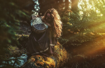 Poster - beautiful shamanic girl playing on drum in the nature.