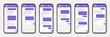 © 32 pixels - Realistic smartphone with messaging app. Blank SMS text frame. Conversation chat screen with violet message bubbles. Social media application. Vector illustration.