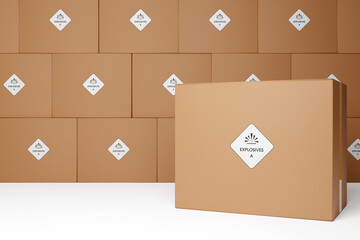 Canvas Print - Transportation of dangerous goods and hazardous materials. Cardboard boxes labeled 