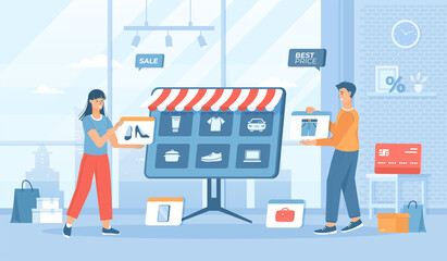 Wall Mural - Marketplace Online e-commerce Store. Sellers post their products on a trading platform. Search and compare items in the marketplace. Flat cartoon vector illustration with people characters for banner