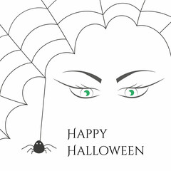Cobweb with spider and witch green eyes. Happy Halloween banner isolated on white background