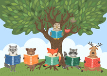 Animals Read Books Under Big Tree In The Forest. Owl, Deer, Raccoon, Fox, Wolf And Boar. Children Illustration, Literature, Storytime, Education Concept. 