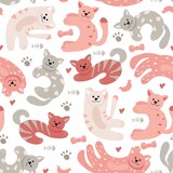 Fototapeta Pokój dzieciecy - Pattern of different cats and portraits of a domestic pet animal. Cute funny kitten. Pastel colors. Vector illustration