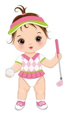 Canvas Print - Vector Cute Baby Girl Holding Golf Club and Ball. Vector Golfer Girl