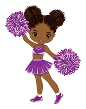 Cute African American Cheerleader Dancing With Pom Poms. Vector Black Cheerleader 
