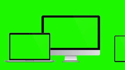 Wall Mural - modern devices mockups: pc, laptop, tablet computer, smartphone with green screens. 4k animation for