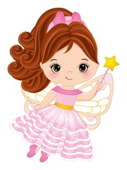 Wall Mural - Cute Redheaded Fairy Girl in Pink Dress Holding Magic Wand. Vector Little Fairy