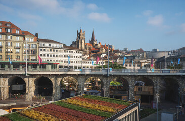 Poster - Le Flon views and Lausanne skyline with Cathedral - Lausanne, Switzerland