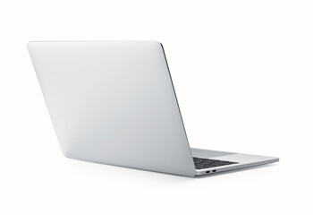 Rear view of the open laptop, silver aluminum body.