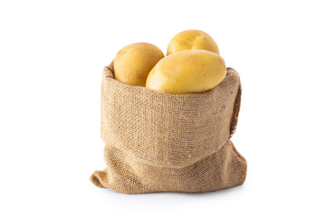 Poster - Pile of raw  potatoes in sack isolated on white background.