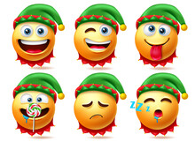 Elf Smileys Christmas Character Vector Set. Elfs Smiley Characters In Sleeping, Eating And Naughty Facial Expressions For Xmas Cute 3d Emojis Collection Design. Vector Illustration
