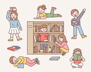 Wall Mural - cute children are reading or playing around bookshelves. outline simple vector illustration.