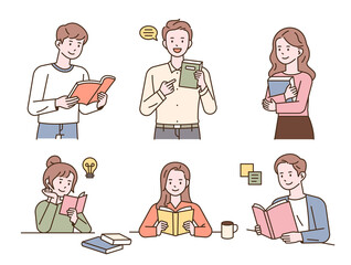 Wall Mural - collection of people reading a book. outline simple vector illustration.