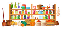 Pantry, Cellar With Food Preserves On Shelves On White Background. Vector Cartoon Interior Of Storeroom With Vegetables And Fruit, Bags, Glass Jars On Shelves In The Cellar.Canned Vegetables And Fruit