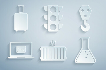 Sticker - Set Heating radiator, Industrial hook, Laptop with envelope, Test tube and flask, Traffic light and Travel suitcase icon. Vector