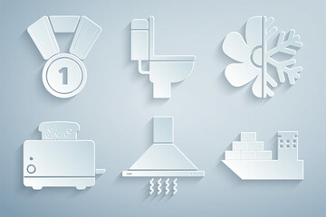 Poster - Set Kitchen extractor fan, Air conditioner, Toaster with toasts, Cargo ship, Toilet bowl and Medal icon. Vector