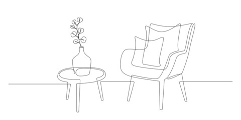 Poster - Continuous one line drawing of armchair and table with vase with plant. Scandinavian stylish furniture in simple Linear style. Doodle vector illustration