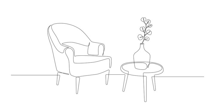 Continuous one line drawing of armchair and table with vase with plant. Scandinavian modern furniture in simple Linear style. Doodle vector illustration