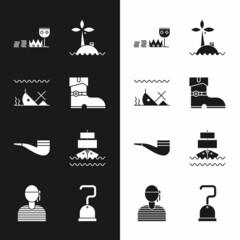 Sticker - Set Leather pirate boots, Sunken ship, Treasure and riches, Tropical island in ocean, Smoking pipe, Ship, Pirate hook and Sailor captain icon. Vector