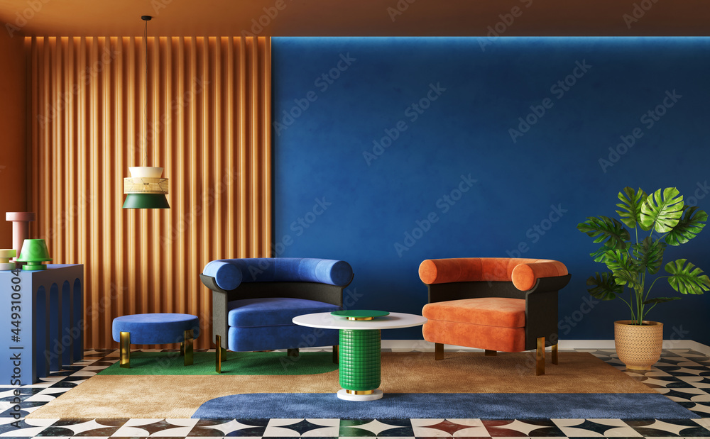 Deep coloured design of living room, interior concept of memphis design ...