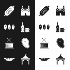 Sticker - Set Beer bottle and glass, Pistachio nuts, Salami sausage, Lederhosen, Musical drum sticks, Steak meat, Camping tent and Hotdog sandwich icon. Vector