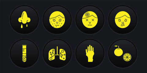 Poster - Set Test tube and flask, Runny nose, Lungs, Hand with psoriasis or eczema, Man having headache, Face, Orange fruit and icon. Vector