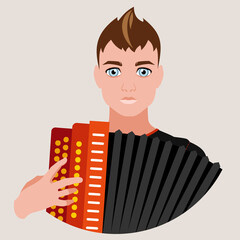 Fototapete - Avatar of a young man holding an accordion in his hands. Accordionist. Musical concept. Flat vector illustration.