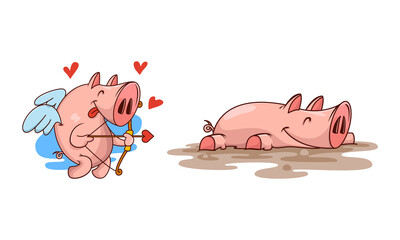 Sticker - Pink Pig as Cupid with Bow and Arrow and Lying in Mud Puddle Vector Set