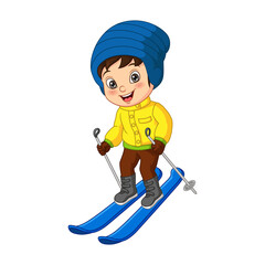 Wall Mural - Cute little boy skiing in winter clothes