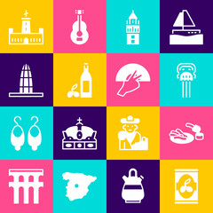 Sticker - Set Olives in can, Churros and chocolate, Peineta, Giralda, Bottle of olive oil, Agbar tower, Montjuic castle and Fan flamenco icon. Vector