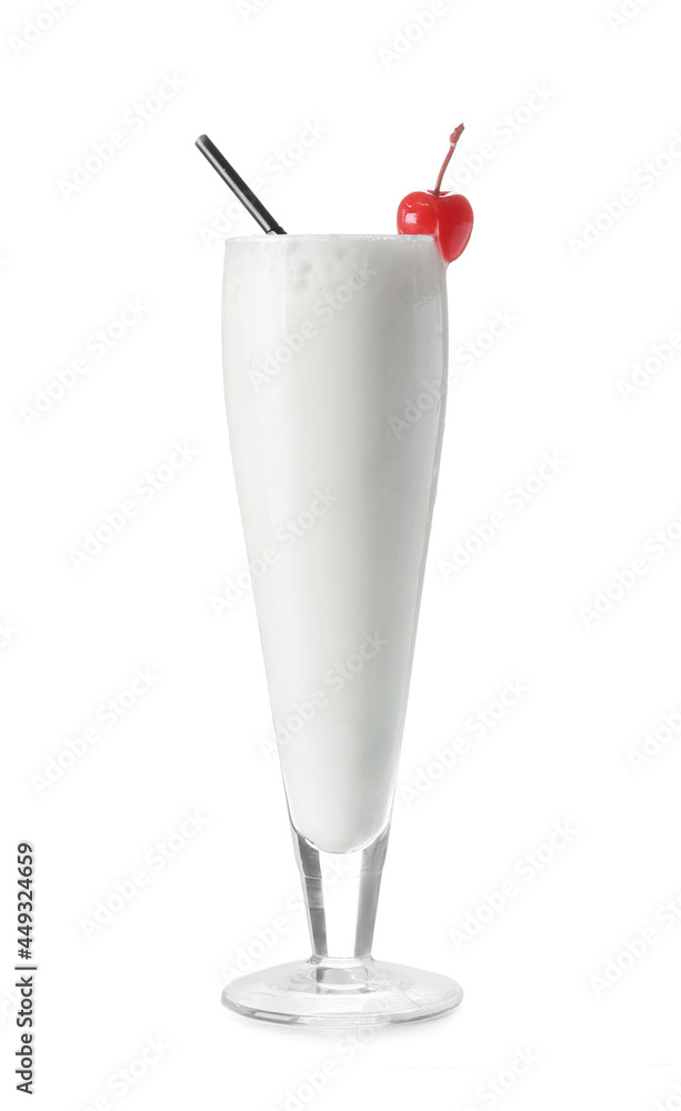 Glass with tasty Pina Colada cocktail on white background