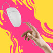 Creative artwork. Image of male hand with PC mouse on bright pink and yellow background.