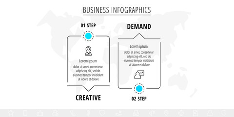 Vector line infographics with 2 rectangles and arrows. Flat chart process template with two icons. Modern timeline for business project, presentation, web, diagram, content