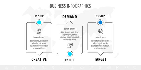 Vector line infographics with three rectangles and arrows. Flat chart process template with 3 icons. Modern timeline for business project, presentation, web, diagram, content