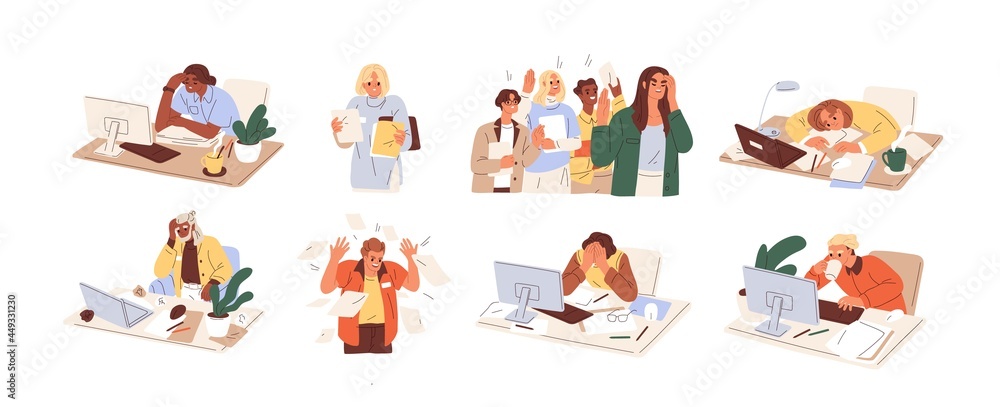 Set of busy people in stress and fatigue at work. Employees overloaded with business tasks. Office workers in anger and anxiety. Burnout concept. Flat graphic vector illustration isolated on white - obrazy, fototapety, plakaty 
