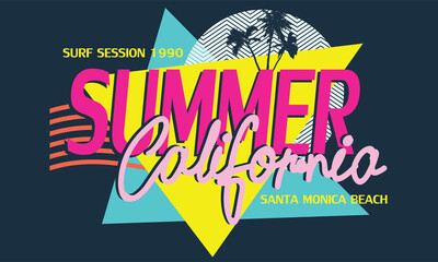 Wall Mural - California summer vibes geometric colorful t shirt design. Surfing life print artwork for  patch, sticker, batch, apparel, logo, embroidery, wallpaper etc. 