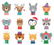 A set of Christmas animals. 12 cute animals in hats and scarves. Vector illustration.