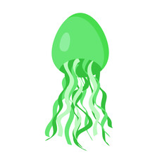 Cute Green Jellyfish, Vector Illustration. Underwater Animal, Swimming Marine Creatures. Cartoon And Flat Style Illustration. Sea And Ocean Life