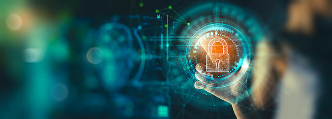 Leinwandbilder - Cyber security and data protection. Businesswoman using modern screen computer protecting business and financial data with virtual network connection. Innovation technology develop smart solution.