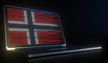 Open laptop and computer code on the screen composing flag of Norway. Modern information technology related 3d rendering