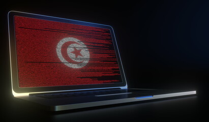 Laptop and source code on the screen composing flag of Tunisia. National information technology related 3d rendering